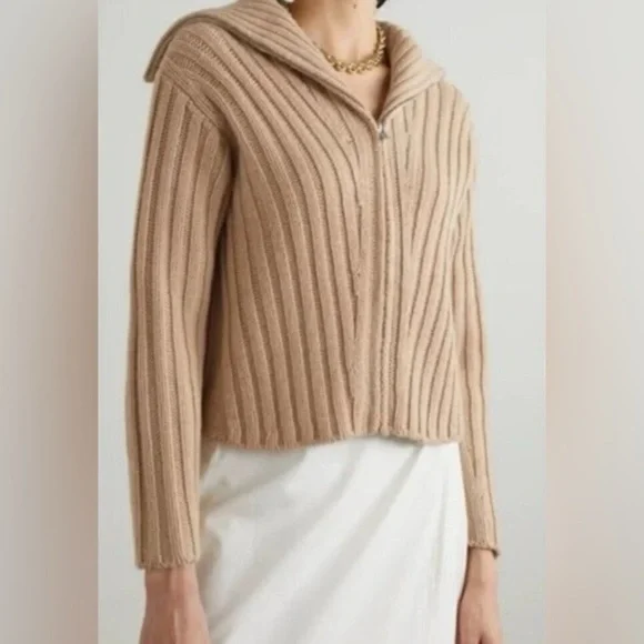 Vince Rib Transfer Wool Cashmere Zip Up Fisherman Sweater Chamois Beige L - Picture 2 of 10